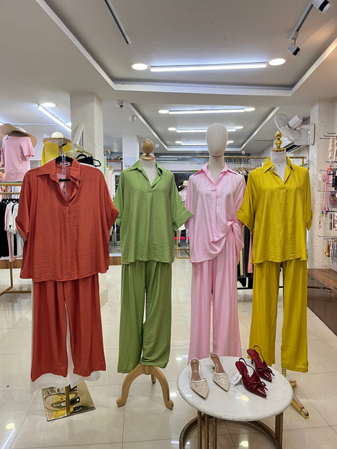 Collar Down Pullover Short Sleeves Shirt With Trousers Sets